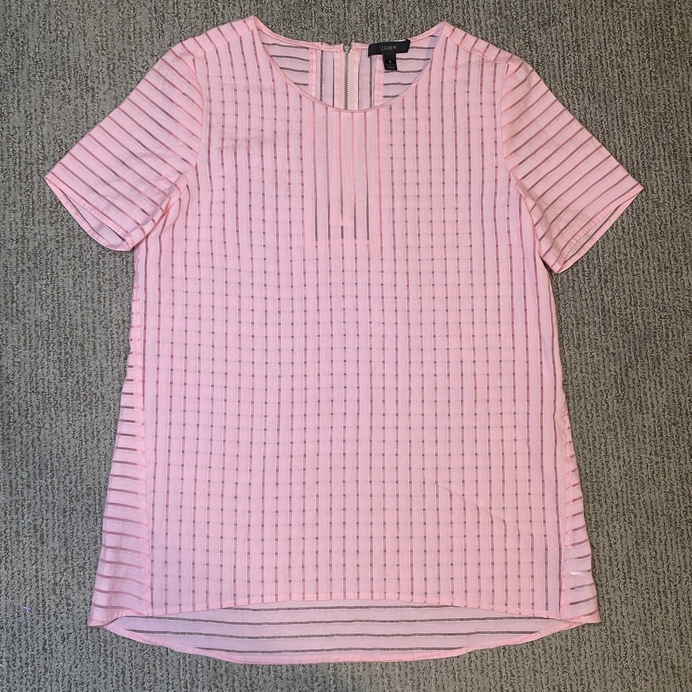 J Crew Womens 6 Short Blouse Short Sleeve Sheer Stripe Pink Back Zipper